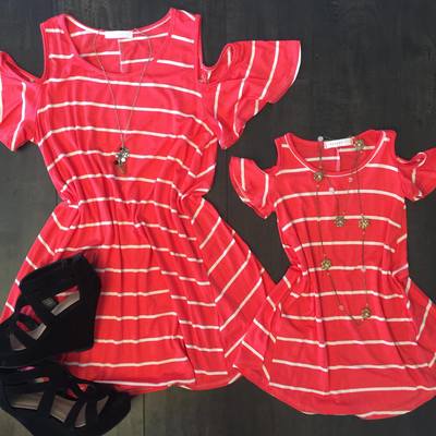 Mommy and me cold shoulder coral stripped swing tunic