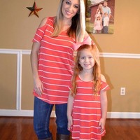 Mommy and Me Cold Shoulder Coral stripped swing Tunic - Thumbnail 1