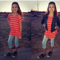 Mommy and Me Cold Shoulder Coral stripped swing Tunic - Thumbnail 2