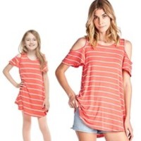 Mommy and Me Cold Shoulder Coral stripped swing Tunic - Thumbnail 3