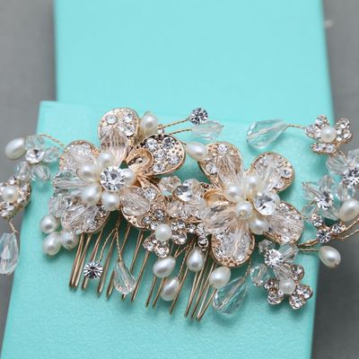 Art deco style bridal wedding bride rhinestone crystal gold pearl hair comb - Thumbnail 3