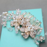 Art Deco Style Bridal Wedding Bride Rhinestone Crystal Gold Pearl Hair Comb - Thumbnail 1