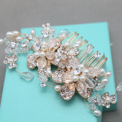 Art deco style bridal wedding bride rhinestone crystal gold pearl hair comb