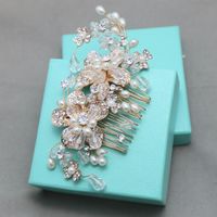 Art Deco Style Bridal Wedding Bride Rhinestone Crystal Gold Pearl Hair Comb - Thumbnail 2