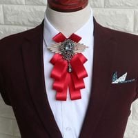 Color Ribbon Wedding Men Pre Tied Bow Tie Rhinestone Crystal Brooch Pin Clip - Thumbnail 4