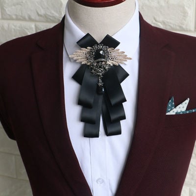 Color ribbon wedding men pre tied bow tie rhinestone crystal brooch pin clip - Thumbnail 5