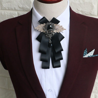 Color Ribbon Wedding Men Pre Tied Bow Tie Rhinestone Crystal Brooch Pin Clip