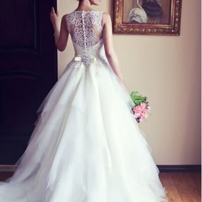 White wedding dress,beading sleeveless bridal dress,see through back wedding dress
