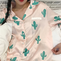 Harajuku fashion cactus small lapel half sleeve pajamas + shorts two pieces - Thumbnail 1