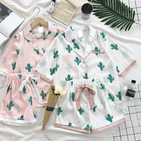 Harajuku fashion cactus small lapel half sleeve pajamas + shorts two pieces - Thumbnail 2