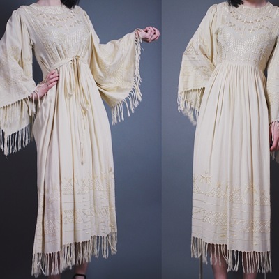 Claimed @anaponomareva - vintage 1970s embroidered fringed bell-sleeve boho hippie dress