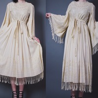 CLAIMED @anaponomareva - Vintage 1970s Embroidered Fringed Bell-Sleeve Boho Hippie Dress - Thumbnail 1