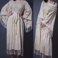 CLAIMED @anaponomareva - Vintage 1970s Embroidered Fringed Bell-Sleeve Boho Hippie Dress - Thumbnail 2