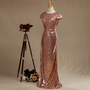 Rose gold Sequined Bridesmaid dress,Cap Sleeves Luxury Sequined Evening dress,Scoop neck Metallic Sparkle prom dress,Cow Back floor length-1