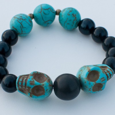 Crania - light blue skulls & black beaded bracelet