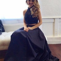 Sexy Two Pieces Prom Dress Black Long Prom Dresses Slit Black A-Line Formal Women Evening Gowns - Thumbnail 1