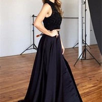 Sexy Two Pieces Prom Dress Black Long Prom Dresses Slit Black A-Line Formal Women Evening Gowns - Thumbnail 2