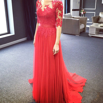 Long sleeves red lace evening dress,high quality lace prom dress