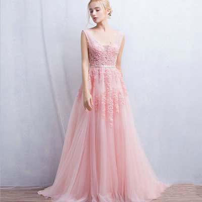  a line pink prom dress,v-neckline lace evening dress,sexy tulle graduation dress