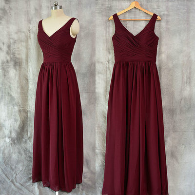 A line v-neckline burgundy bridesmaid dress