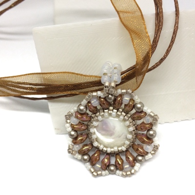 June mother of pearl pendant with lustrous glass beads