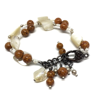 Adjustable shell and brown riverstone bracelet