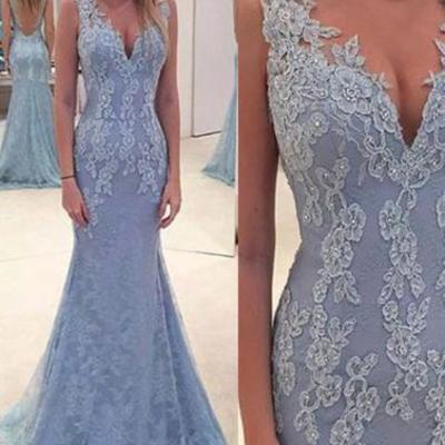 Blue v neck lace mermaid long prom dress, blue evening dress,bd171205 - Thumbnail 4