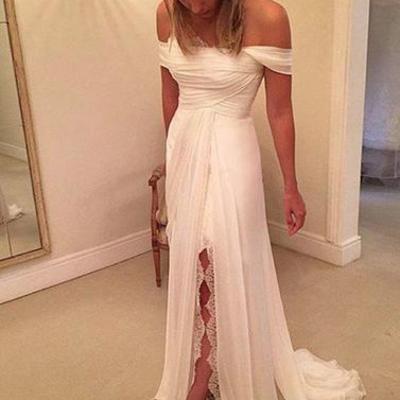 White off shoulder chiffon long prom dress, white evening dress,bd171210 - Thumbnail 5