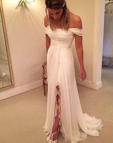 White off shoulder chiffon long prom dress, white evening dress,BD171210