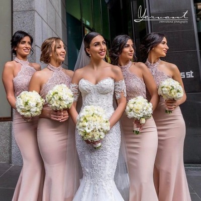 Mermaid halter neckline open back blush lace bridesmaid dress