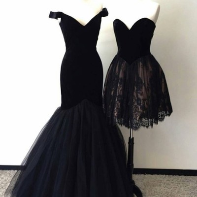 Mermaid off shoulder sleeves black tulle prom dress