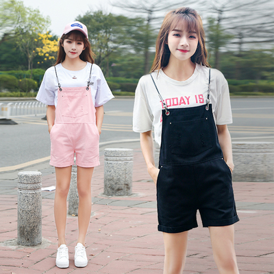 Slim straps denim overall shorts