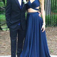 Sexy 2 Piece Royal Blue Satin Prom Dresses for Women - Thumbnail 1