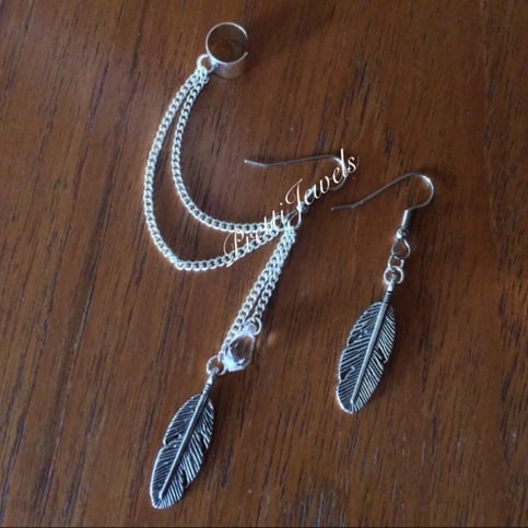 Feather Teardrop Ear Cuff Earrings 