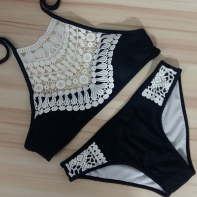 Halter strappy splicing lace swimsuit for girls with clasp hook closure