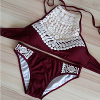 Halter Strappy Splicing Lace Swimsuit for Girls with Clasp Hook Closure - Thumbnail 2