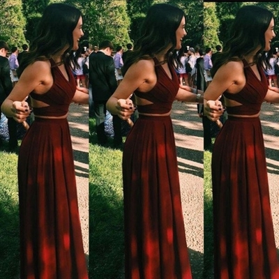  halter floor-length a-line stretch satin two pieces prom dresses 