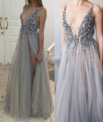 Sexy Crystal Front-Slit A-line Tulle Prom Dresses 