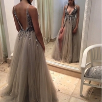 Sexy Crystal Front-Slit A-line Tulle Prom Dresses  - Thumbnail 2