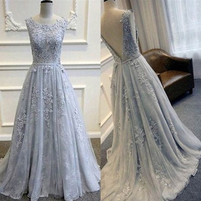 Beading appliques backless a-line tulle prom dresses 