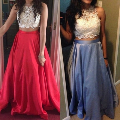  Beading A-line Lace Two Pieces Prom Dresses 