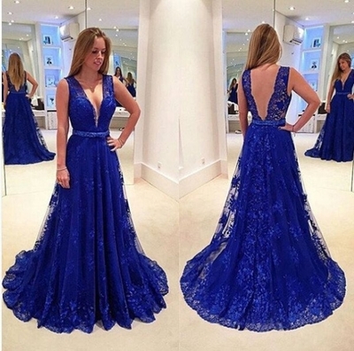 Royal Blue A-Line V-Neck Sleeveless Natural Sweep/Brush Train Lace Prom Dresses 