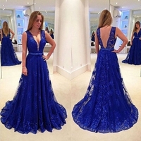 Royal Blue A-Line V-Neck Sleeveless Natural Sweep/Brush Train Lace Prom Dresses  - Thumbnail 1