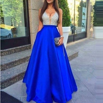 Royal Blue A-Line V-Neck Sleeveless Natural Zipper Floor-Length Satin Prom Dresses
