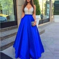 Royal Blue A-Line V-Neck Sleeveless Natural Zipper Floor-Length Satin Prom Dresses - Thumbnail 1