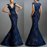 Blue Mermaid V-Neck Sleeveless Natural Zipper Floor-Length Lace Prom Dresses  - Thumbnail 1