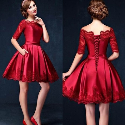 Red scalloped lace a-line satin short prom dresses