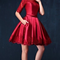 Red Scalloped Lace A-line Satin Short Prom Dresses - Thumbnail 1