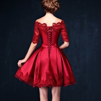 Red Scalloped Lace A-line Satin Short Prom Dresses - Thumbnail 2