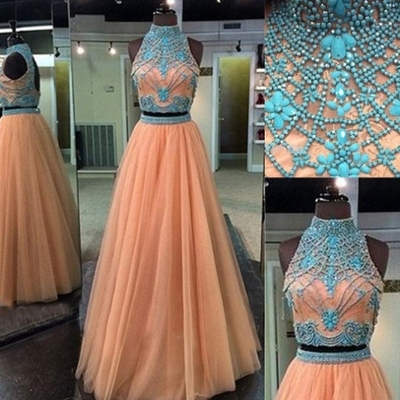 Long a-line high neck beading tulle prom dresses 2017